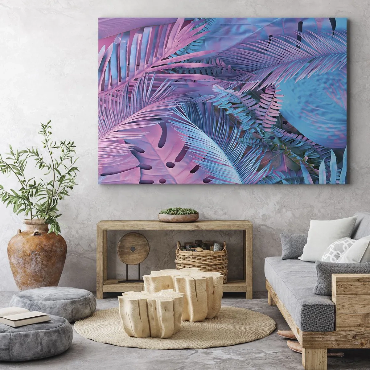 Bild auf Leinwand - Leinwandbild - Tropische Blätter in Rosa- und Blautönen - 70x50cm - Tropen in Rosa und Blau - Moderne Wanddekoration für Wohnzimmer und Schlafzimmer ARTTOR