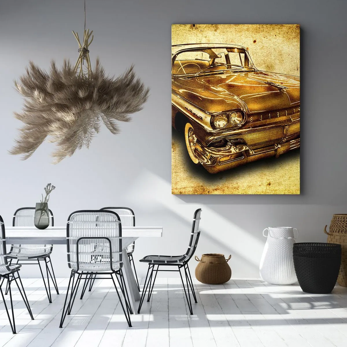 Bild auf Leinwand - Leinwandbild - Ein goldenes klassisches Retro-Auto auf einem Vintage-Hintergrund mit gealtertem Effekt. - 50x70cm - Die unvergängliche Schönheit der Klassiker - Moderne Wanddekoration für Wohnzimmer und Schlafzimmer ARTTOR
