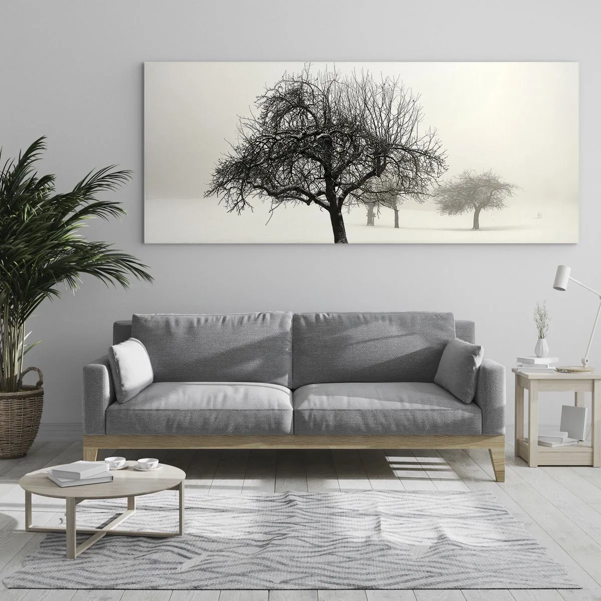 Glasbild - Bild auf glas - Bäume auf einem schneebedeckten Feld, umgeben von Nebel - 120x50cm - Winterschlaf - Moderne Wanddekoration für Wohnzimmer und Schlafzimmer ARTTOR