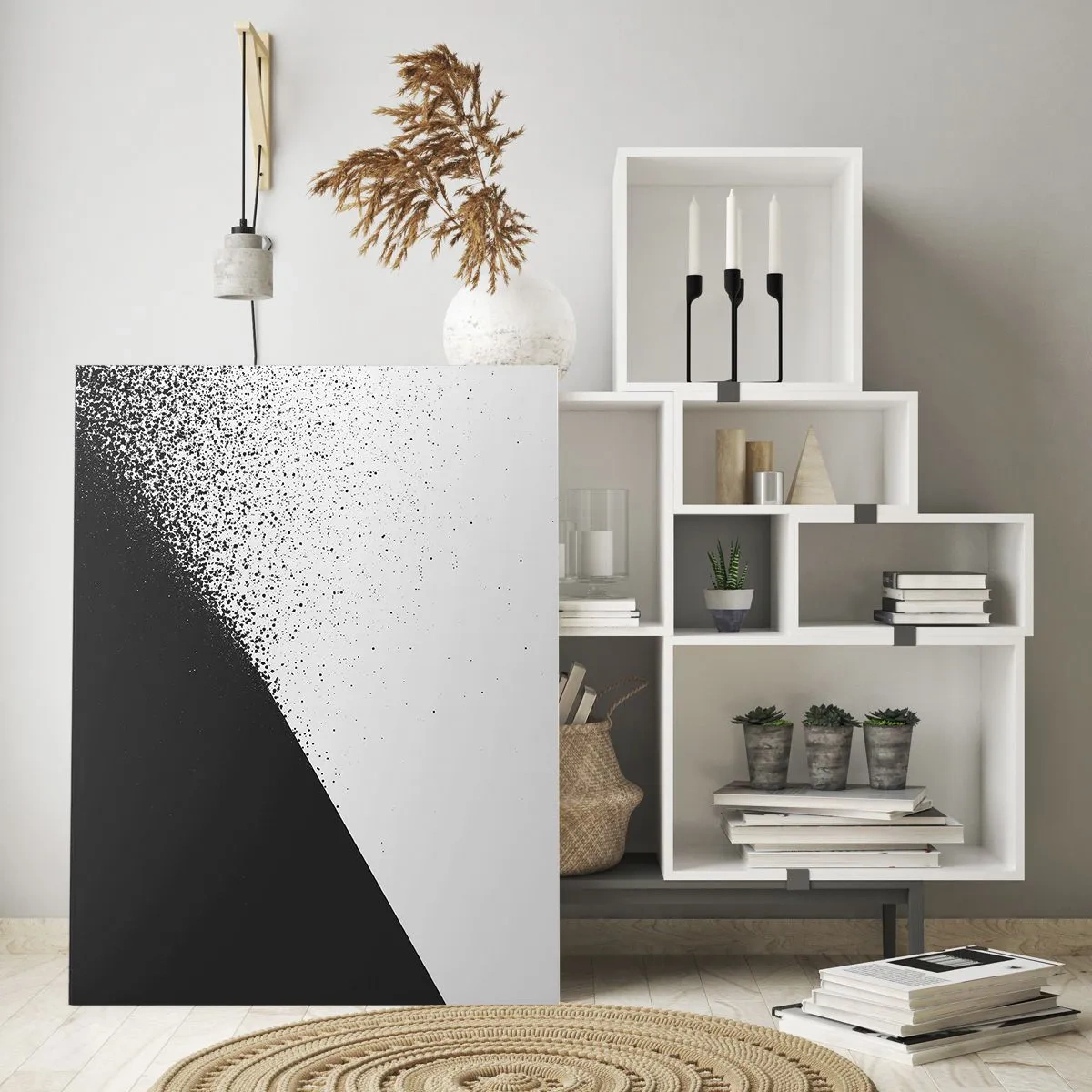 Glasbild - Bild auf glas - Minimalistische Abstraktion in Schwarz und Weiß mit verstreuten Punkten - 80x120cm - Immer schneller, immer mehr - Moderne Wanddekoration für Wohnzimmer und Schlafzimmer ARTTOR