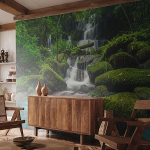 Selbstklebende Fototapete Deluxe Sticker - Türkis, Saphire und flüssiges Silber - Landschaft, Wasserfall, Gebirgsbach - 200x140 cm