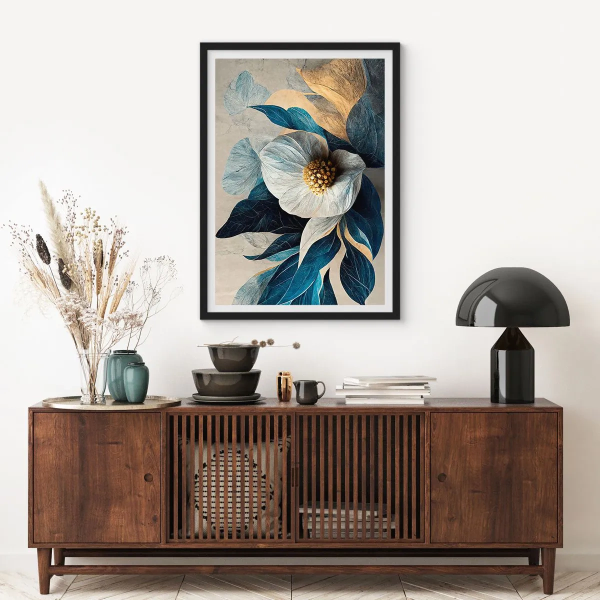 Poster in einem schwarzem Rahmen - Eine elegante Blume in Marineblau- und Goldtönen - 50x70cm - Er hat ein Herz aus Gold - Moderne Wanddekoration für Wohnzimmer und Schlafzimmer ARTTOR