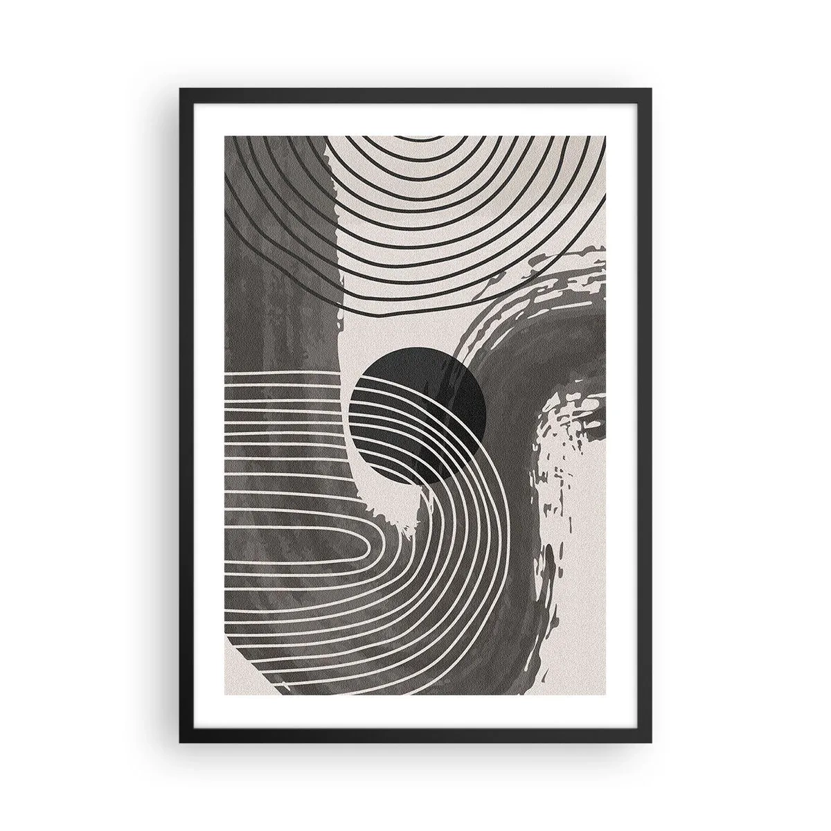 Poster in einem schwarzem Rahmen - Geometrische Abstraktion in Grau- und Schwarztönen - 50x70cm - Oval gewinnt - Moderne Wanddekoration für Wohnzimmer und Schlafzimmer ARTTOR