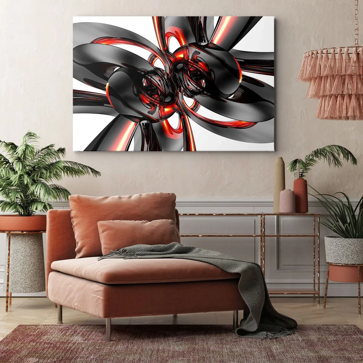 Bild auf Leinwand - Leinwandbild - Abstrakte 3D-Grafiken mit schwarzen und roten Elementen - 70x50cm - Uhrwerk in Graphit und Rot - Moderne Wanddekoration für Wohnzimmer und Schlafzimmer ARTTOR