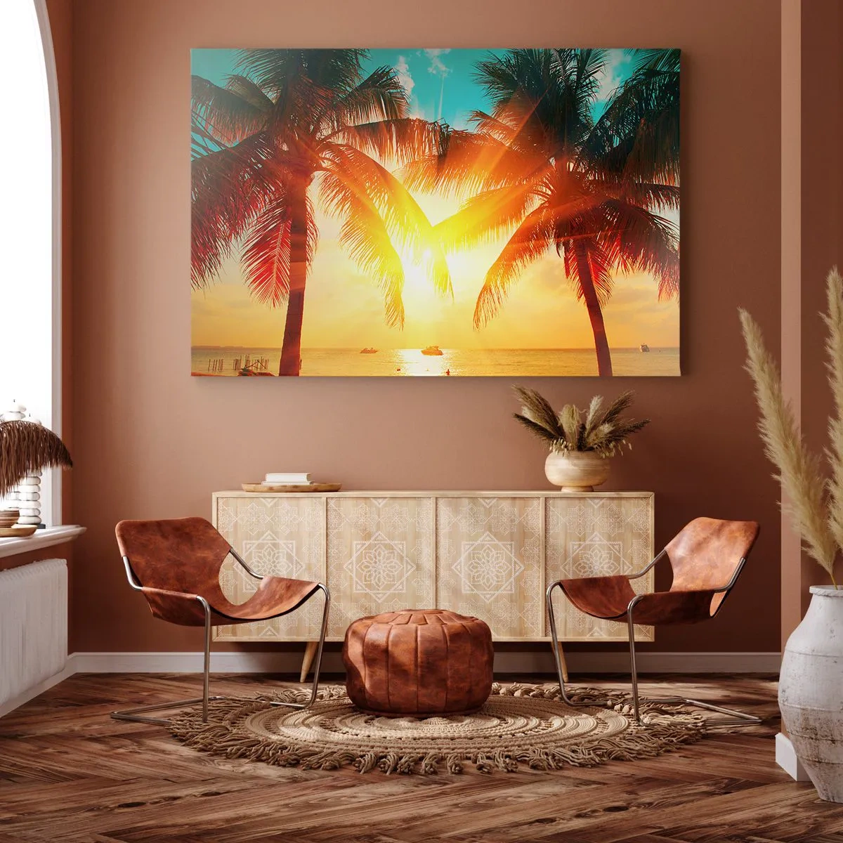 Bild auf Leinwand - Leinwandbild - Palmen, beleuchtet vom warmen Licht der untergehenden Sonne - 120x80cm - Exotisches Paar - Moderne Wanddekoration für Wohnzimmer und Schlafzimmer ARTTOR