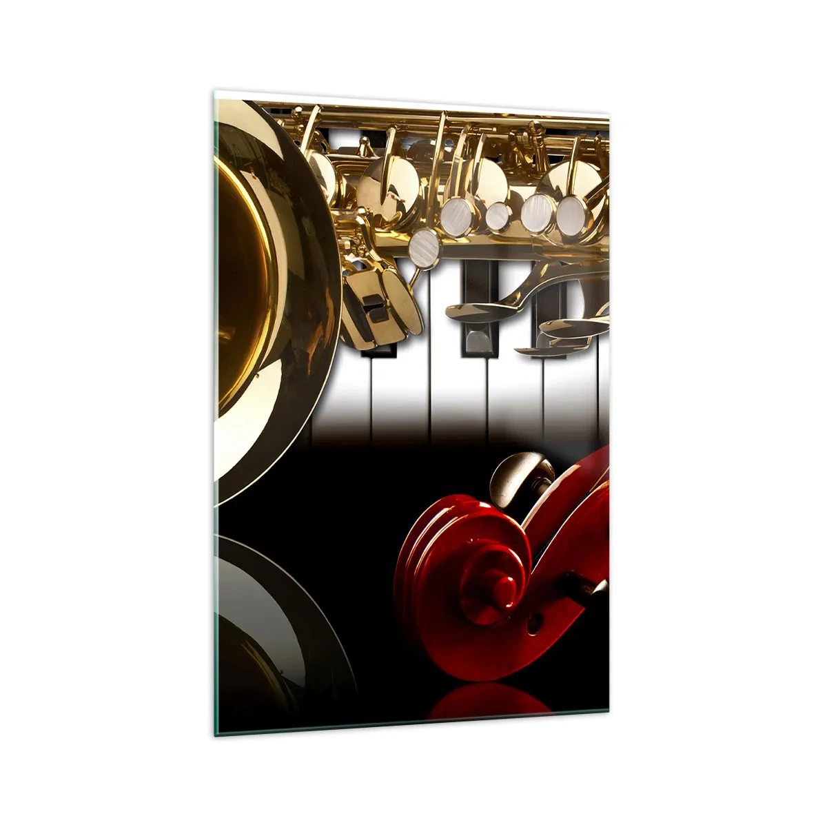 Glasbild - Bild auf glas - Ein goldenes Saxophon, Klaviertasten und eine rote Geige - 70x100cm - Blech, Holz und Elfenbein - Moderne Wanddekoration für Wohnzimmer und Schlafzimmer ARTTOR