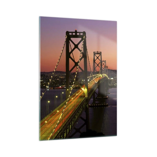 Glasbild - Bild auf glas - Die Brücke bei Nacht in der Stadt und Sonnenuntergangslicht - 50x70cm - Violetter Abend - Moderne Wanddekoration für Wohnzimmer und Schlafzimmer ARTTOR