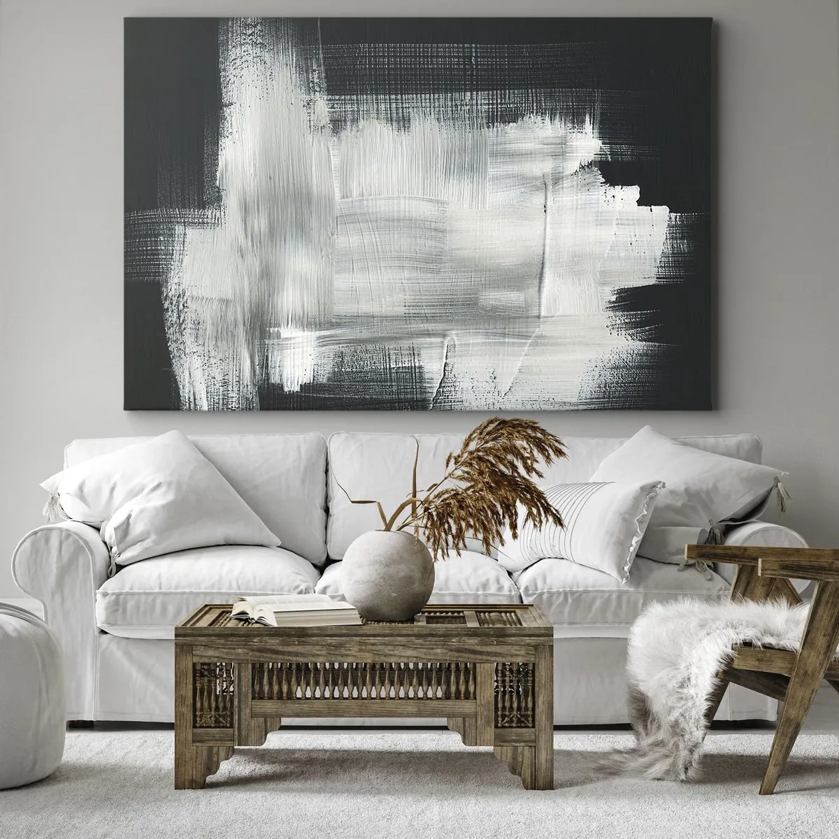 Bild auf Leinwand - Leinwandbild - Weiße abstrakte Striche auf dunklem Hintergrund - 70x50cm - Vertikal und horizontal gewebt - Moderne Wanddekoration für Wohnzimmer und Schlafzimmer ARTTOR