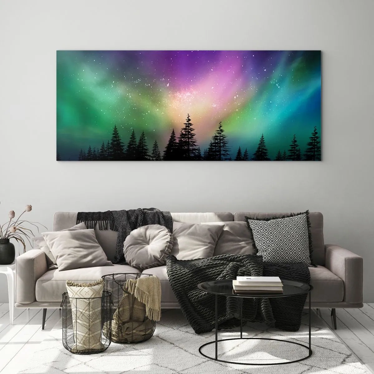 Glasbild - Bild auf glas - Aurora Borealis über einem Wald mit Sternenhimmel - 160x50cm - weiße Magie - Moderne Wanddekoration für Wohnzimmer und Schlafzimmer ARTTOR