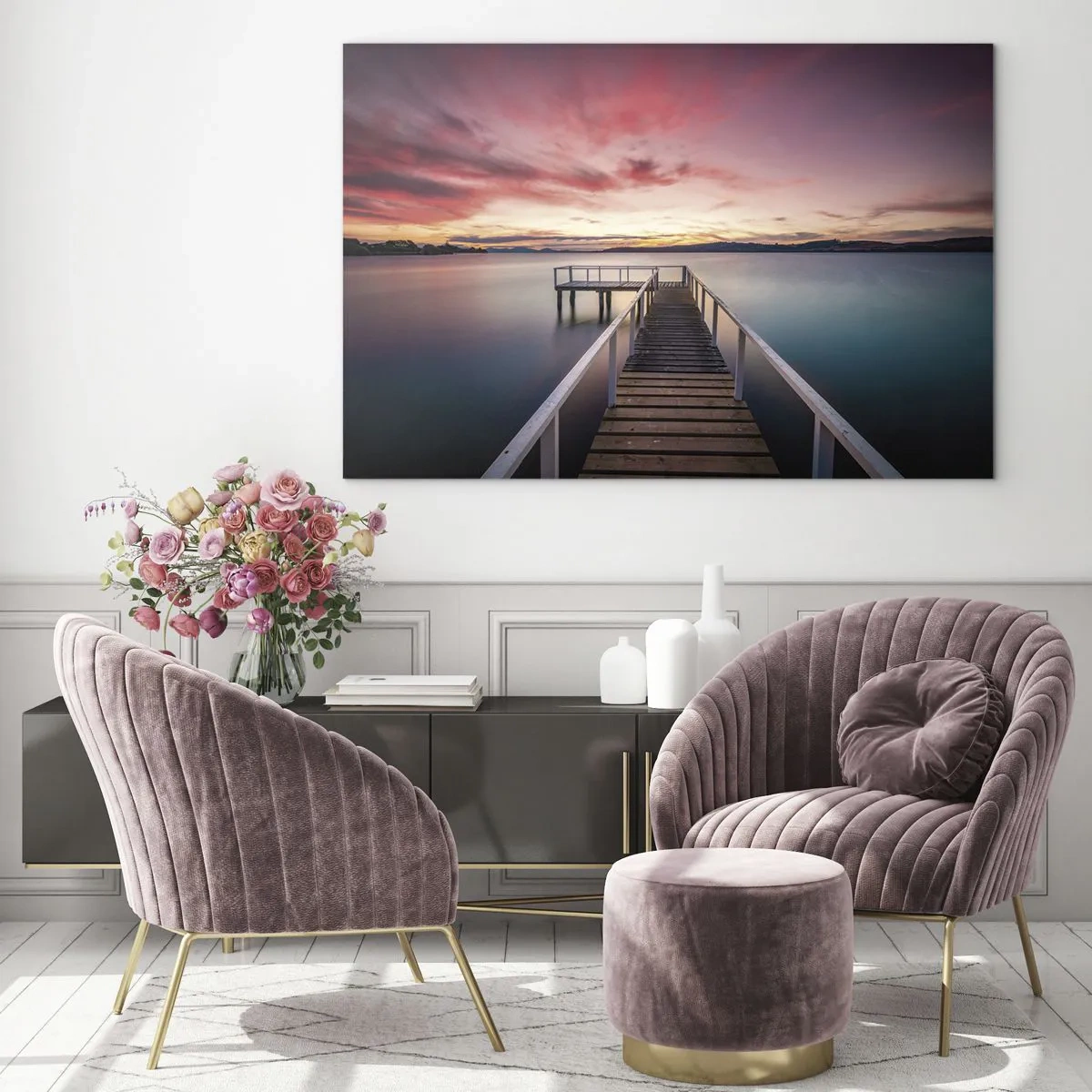 Glasbild - Bild auf glas - Lakeside Pier bei Sonnenuntergang mit einem rosa Himmel - 120x80cm - Die sanfte Flamme des Abends - Moderne Wanddekoration für Wohnzimmer und Schlafzimmer ARTTOR