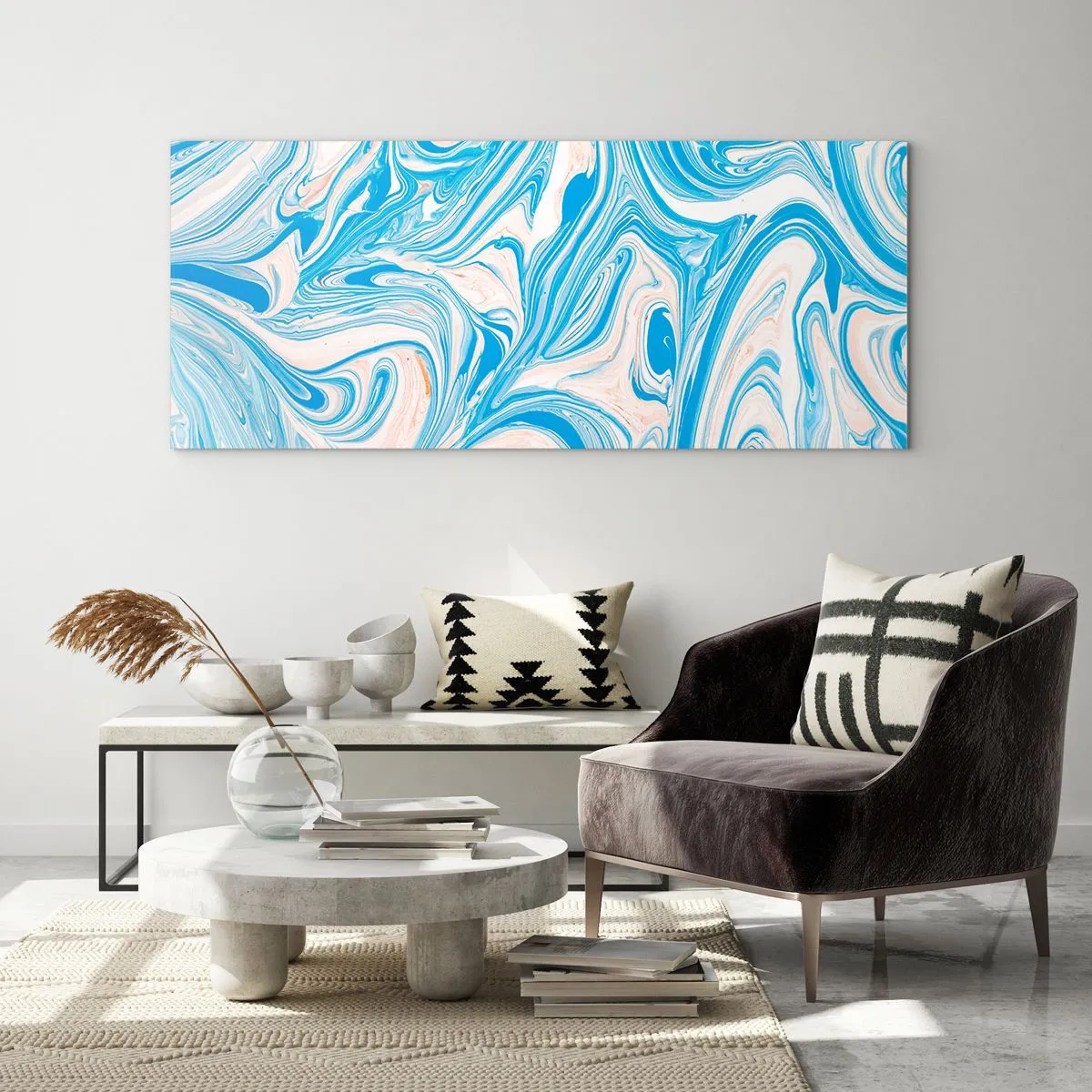 Glasbild - Bild auf glas - Abstrakte Wirbel im blauen und weißen Marmorstil - 140x50cm - Sumpf in Türkis - Moderne Wanddekoration für Wohnzimmer und Schlafzimmer ARTTOR