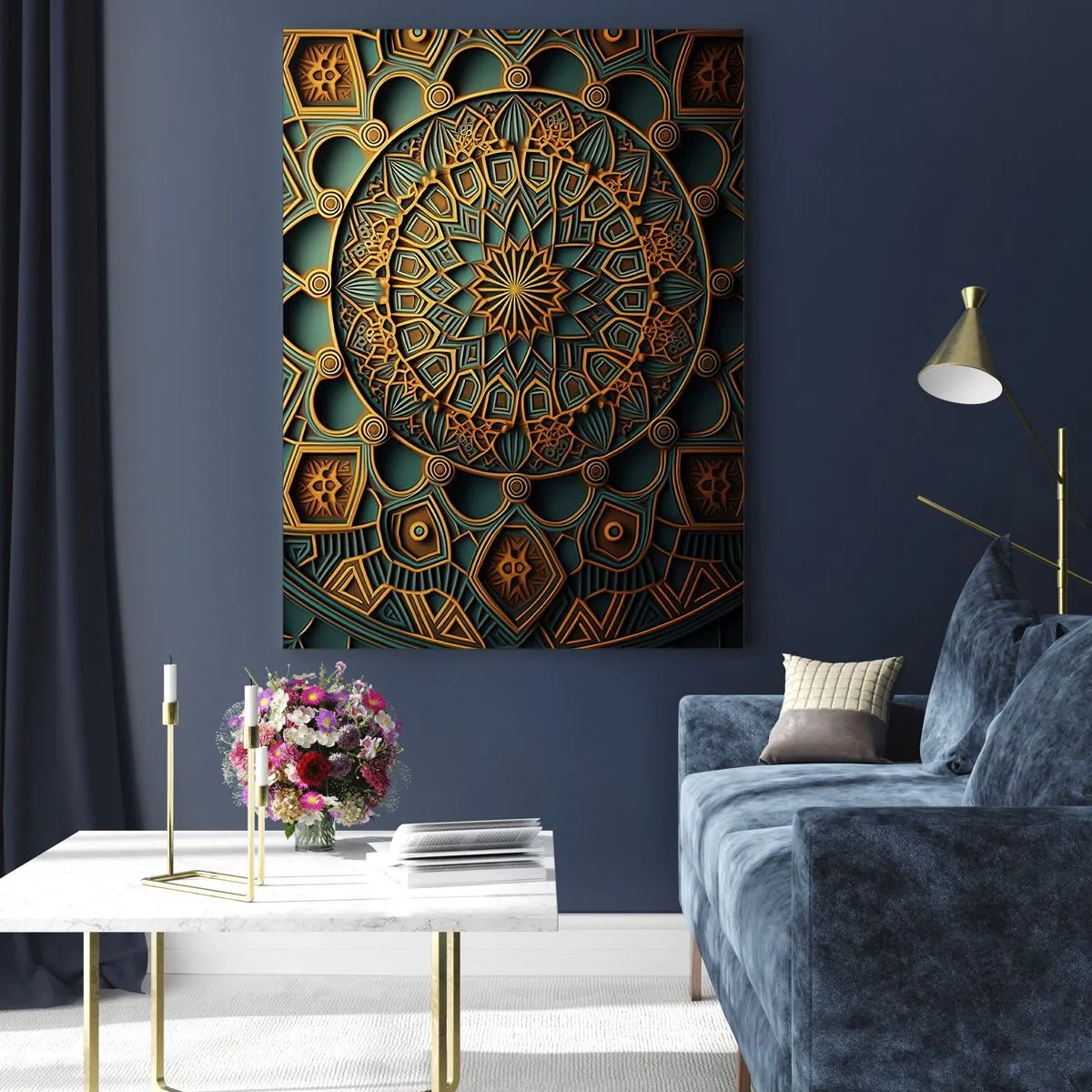 Glasbild - Bild auf glas - Ein goldenes Mandala auf türkisfarbenem Hintergrund mit vielen Details. - 80x120cm - In arabischer Atmosphäre - Moderne Wanddekoration für Wohnzimmer und Schlafzimmer ARTTOR
