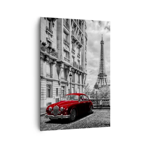Bild auf Leinwand - Leinwandbild - Ein rotes Auto mit dem Eiffelturm im Hintergrund in einer schwarz-weißen Umgebung - 70x100cm - Raubtier in der Stadt - Moderne Wanddekoration für Wohnzimmer und Schlafzimmer ARTTOR