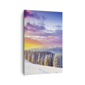Bild auf Leinwand - Leinwandbild - Winterlandschaft mit Bergen und Wald bei Sonnenuntergang - 80x120cm - Am helllichten Tag - Moderne Wanddekoration für Wohnzimmer und Schlafzimmer ARTTOR