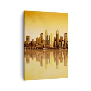 Bild auf Leinwand - Leinwandbild - Stadtpanorama spiegelt sich im Wasser bei Sonnenuntergang - 50x70cm - Die Stille der Metropole - Moderne Wanddekoration für Wohnzimmer und Schlafzimmer ARTTOR