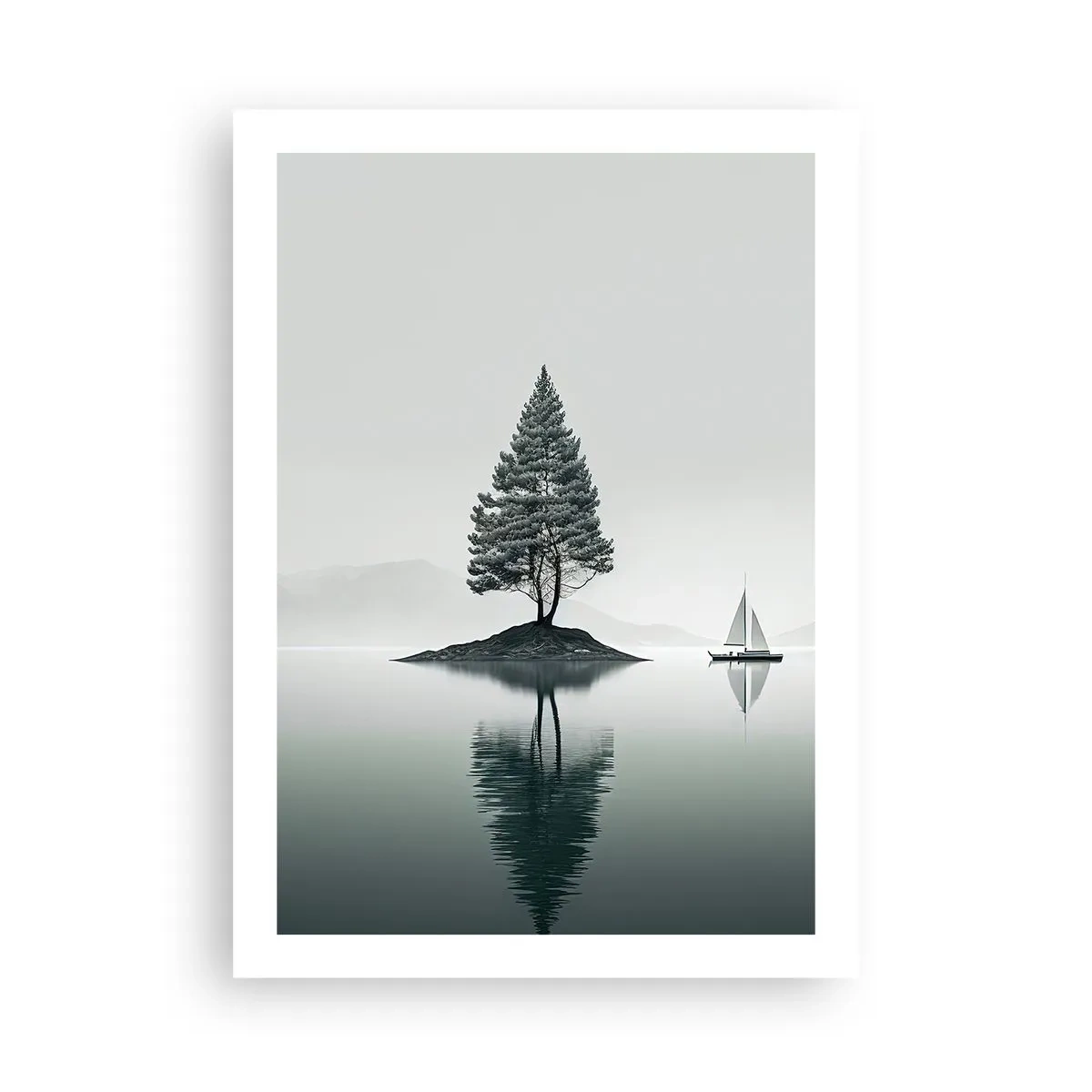 Poster - Ein einsamer Baum auf einer Insel mit einer Spiegelung im Wasser - 50x70cm - Traum - Moderne Wanddekoration für Wohnzimmer und Schlafzimmer ARTTOR