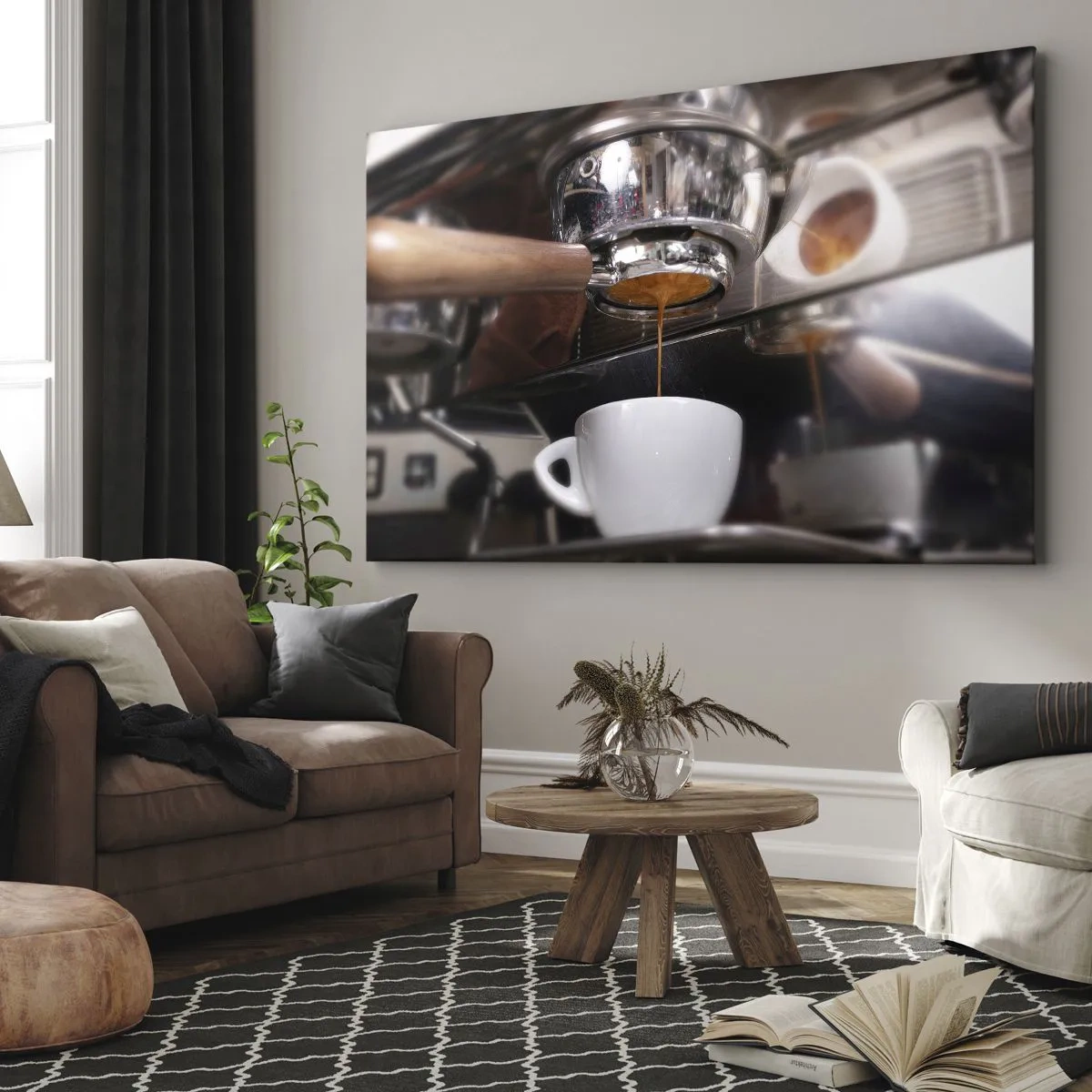 Bild auf Leinwand - Leinwandbild - Nahaufnahme einer Kaffeemaschine, die einen frischen Espresso zubereitet - 100x70cm - Gute Zeit des Tages - Moderne Wanddekoration für Wohnzimmer und Schlafzimmer ARTTOR