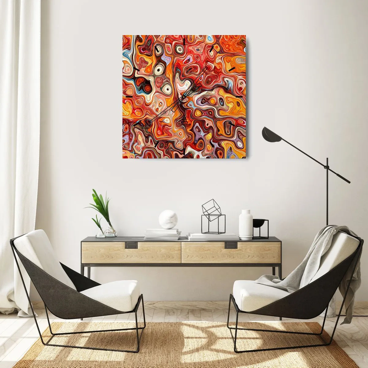 Wanduhr - Glasuhr - Eine abstrakte Komposition in warmen Rot-, Orange- und Gelbtönen. - 30x30cm - Wenn die Nüsse in Honig geschmolzen sind - Moderne Wanddekoration für Wohnzimmer und Schlafzimmer ARTTOR