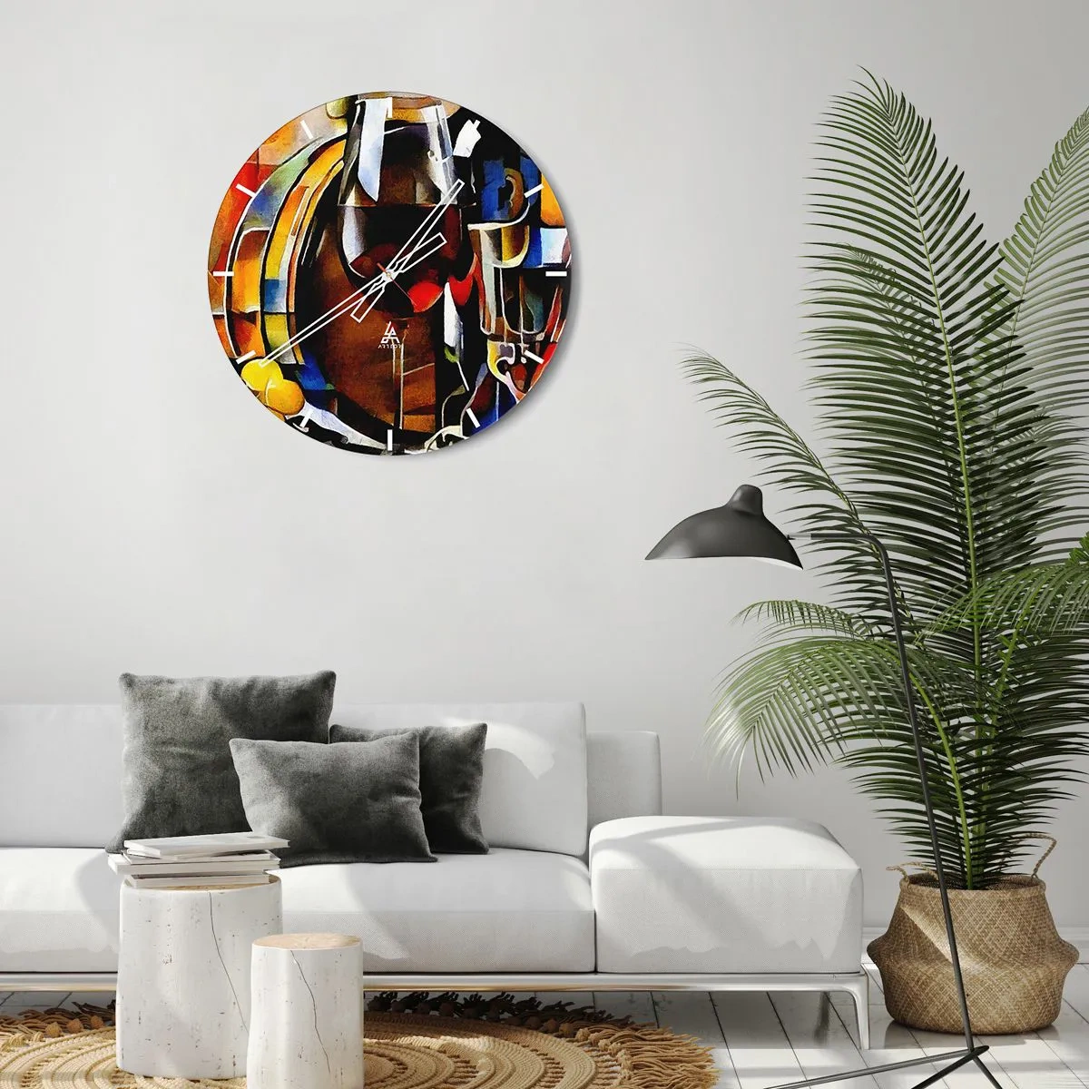 Wanduhr - Glasuhr - Abstraktes Stillleben mit Gläsern und einer Flasche in intensiven Farben. - 30x30cm - Und die Welt nimmt Farben an - Moderne Wanddekoration für Wohnzimmer, Küche und Schlafzimmer ARTTOR