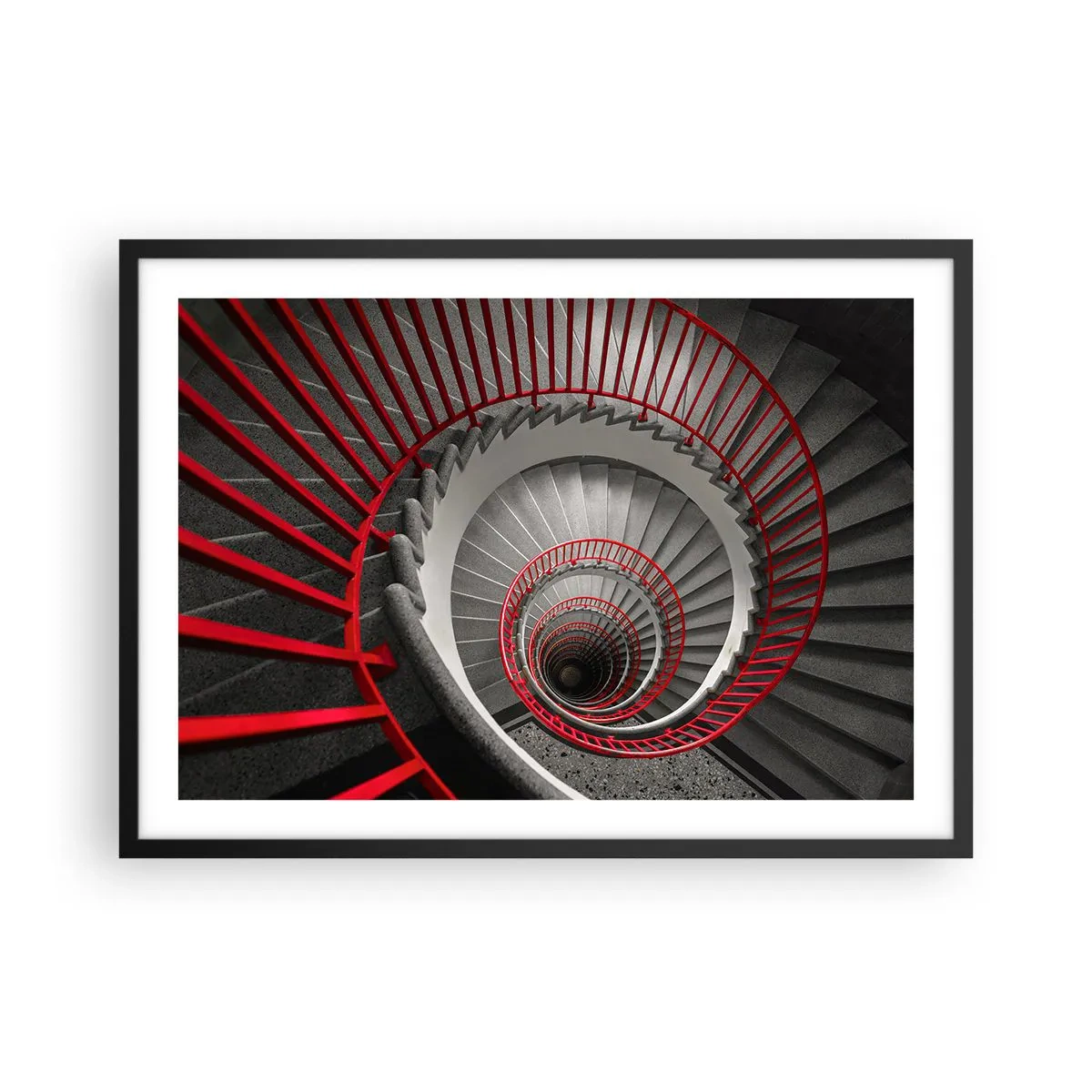 Poster in einem schwarzem Rahmen - Wendeltreppe mit roten Handläufen in dynamischer Perspektive - 70x50cm - Architekturspaß - Moderne Wanddekoration für Wohnzimmer und Schlafzimmer ARTTOR