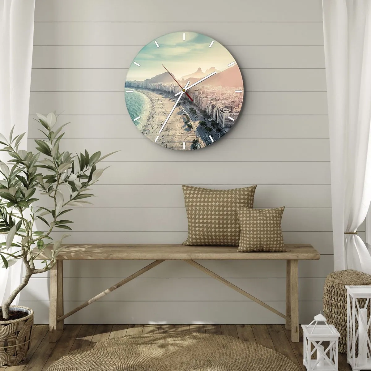 Wanduhr - Glasuhr - Panorama des Strandes und der Stadt bei Sonnenuntergang - 30x30cm - Ewiger Urlaub in Rio - Moderne Wanddekoration für Wohnzimmer, Küche und Schlafzimmer ARTTOR