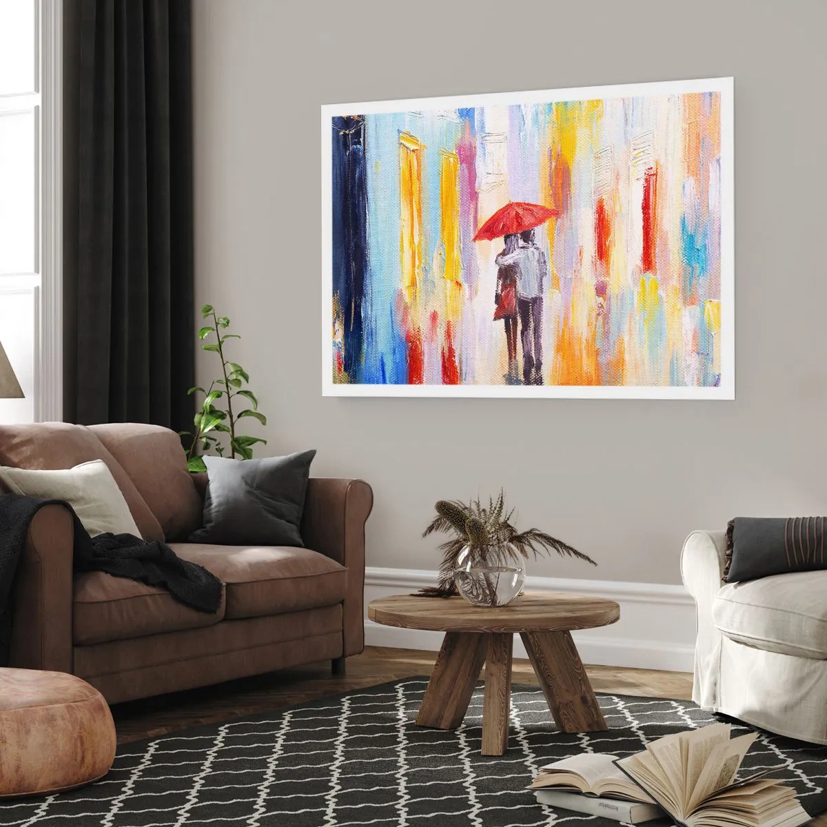 Poster - Ein Paar unter einem roten Regenschirm mit bunten Gebäuden im Hintergrund. - 100x70cm - Lass es weiter regnen - Moderne Wanddekoration für Wohnzimmer und Schlafzimmer ARTTOR
