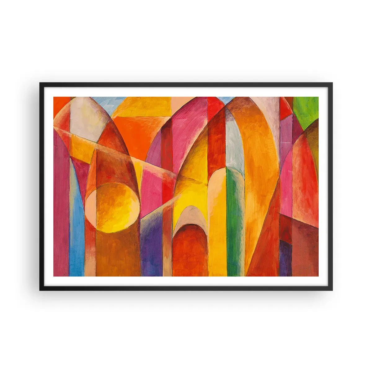 Poster in einem schwarzem Rahmen - Eine abstrakte Komposition voller farbenfroher geometrischer Formen. - 100x70cm - Kathedrale der Sonne - Moderne Wanddekoration für Wohnzimmer und Schlafzimmer ARTTOR