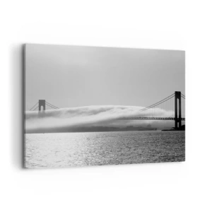 Bild auf Leinwand - Leinwandbild - Eine Brücke über Wasser, eingehüllt in Nebel in einer Schwarz-Weiß-Aufnahme - 100x70cm - Segeln durch das Goldene Tor - Moderne Wanddekoration für Wohnzimmer und Schlafzimmer ARTTOR
