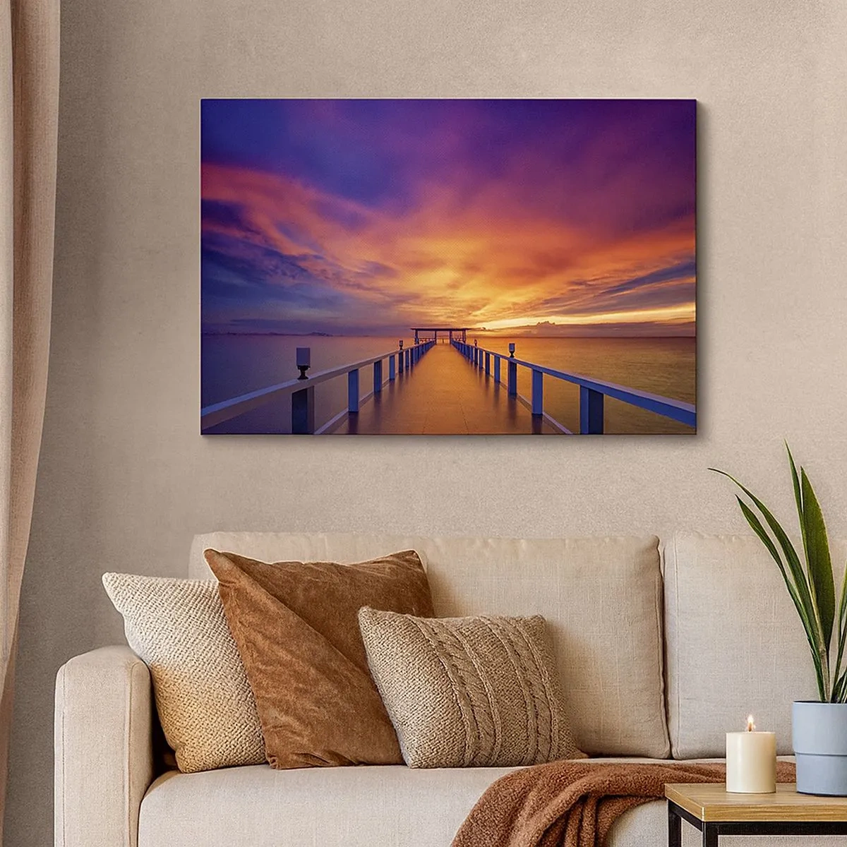 Bild auf Leinwand - Leinwandbild - Ein Steg, der bei Sonnenuntergang aufs Meer hinausführt - 70x50cm - Ohne Ende - Moderne Wanddekoration für Wohnzimmer und Schlafzimmer ARTTOR