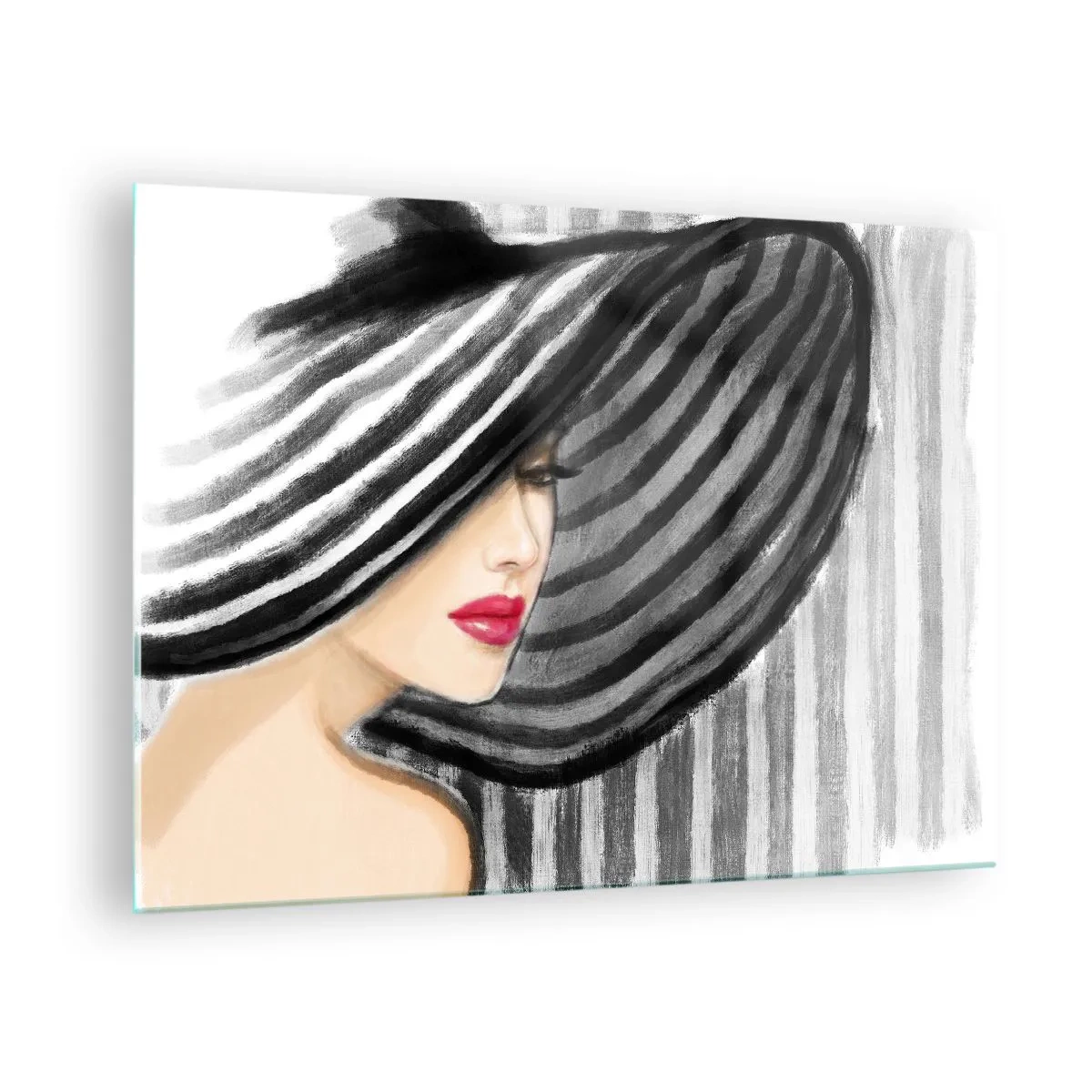 Glasbild - Bild auf glas - Stilvolle Frau mit schwarz-weiß gestreiftem Hut - 70x50cm - Wo soll ich dich finden? - Moderne Wanddekoration für Wohnzimmer und Schlafzimmer ARTTOR