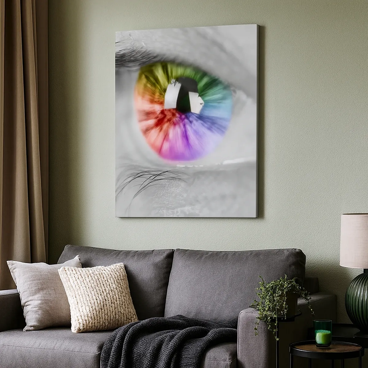Bild auf Leinwand - Leinwandbild - Künstlerische Aufnahme eines Auges mit einer Regenbogeniris auf grauem Hintergrund - 50x70cm - Schau dir die Welt in Farbe an - Moderne Wanddekoration für Wohnzimmer und Schlafzimmer ARTTOR