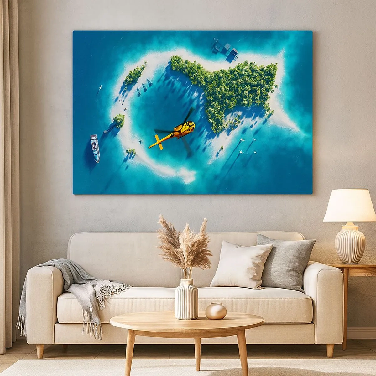 Bild auf Leinwand - Leinwandbild - Eine tropische Insel, umgeben von türkisfarbenem Wasser, mit einem Hubschrauber in Sicht - 70x50cm - Kauf dir eine Insel - Moderne Wanddekoration für Wohnzimmer und Schlafzimmer ARTTOR
