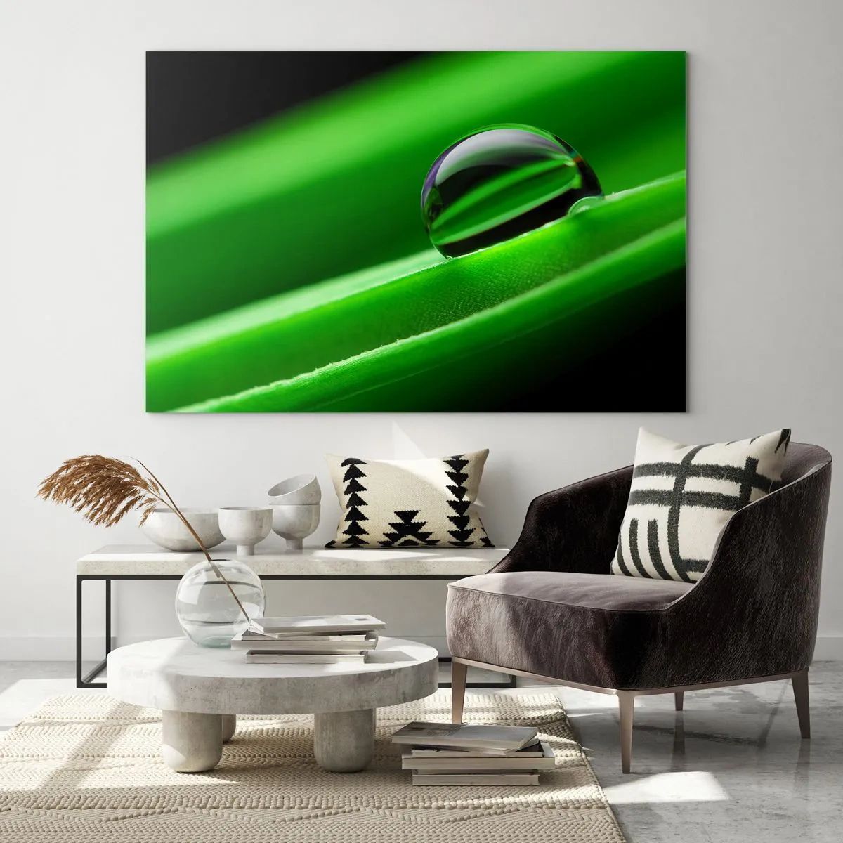 Glasbild - Bild auf glas - Ein Tropfen Tau auf einem grünen Blatt - 70x50cm - Leben hautnah - Moderne Wanddekoration für Wohnzimmer und Schlafzimmer ARTTOR