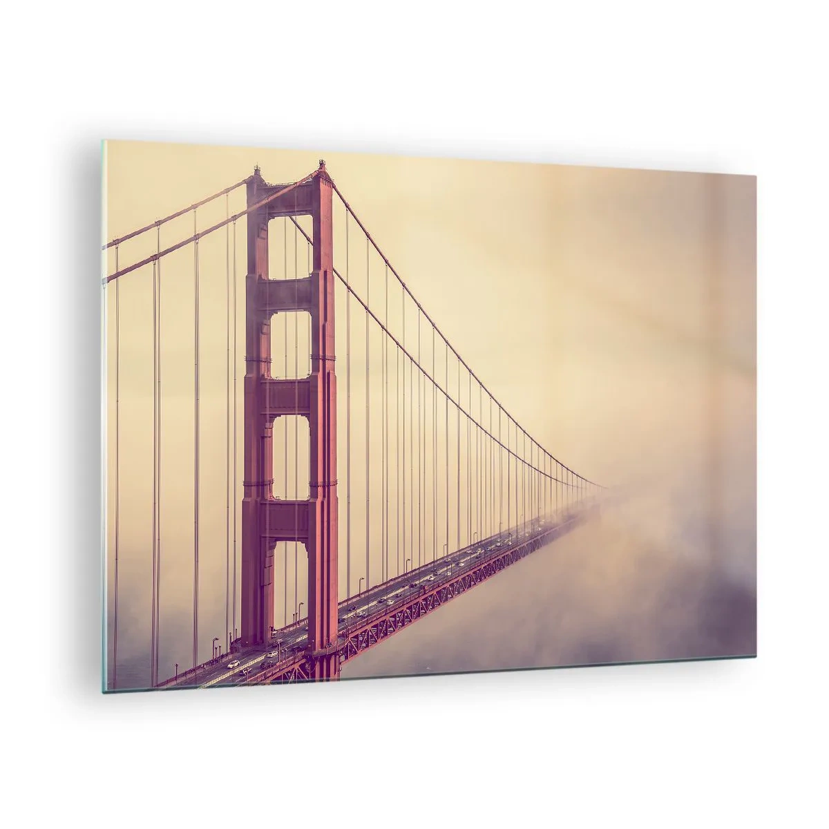 Glasbild - Bild auf glas - San Franciscos Golden Gate Bridge in einer nebligen Landschaft - 70x50cm - Zwischen Himmel und Erde - Moderne Wanddekoration für Wohnzimmer und Schlafzimmer ARTTOR
