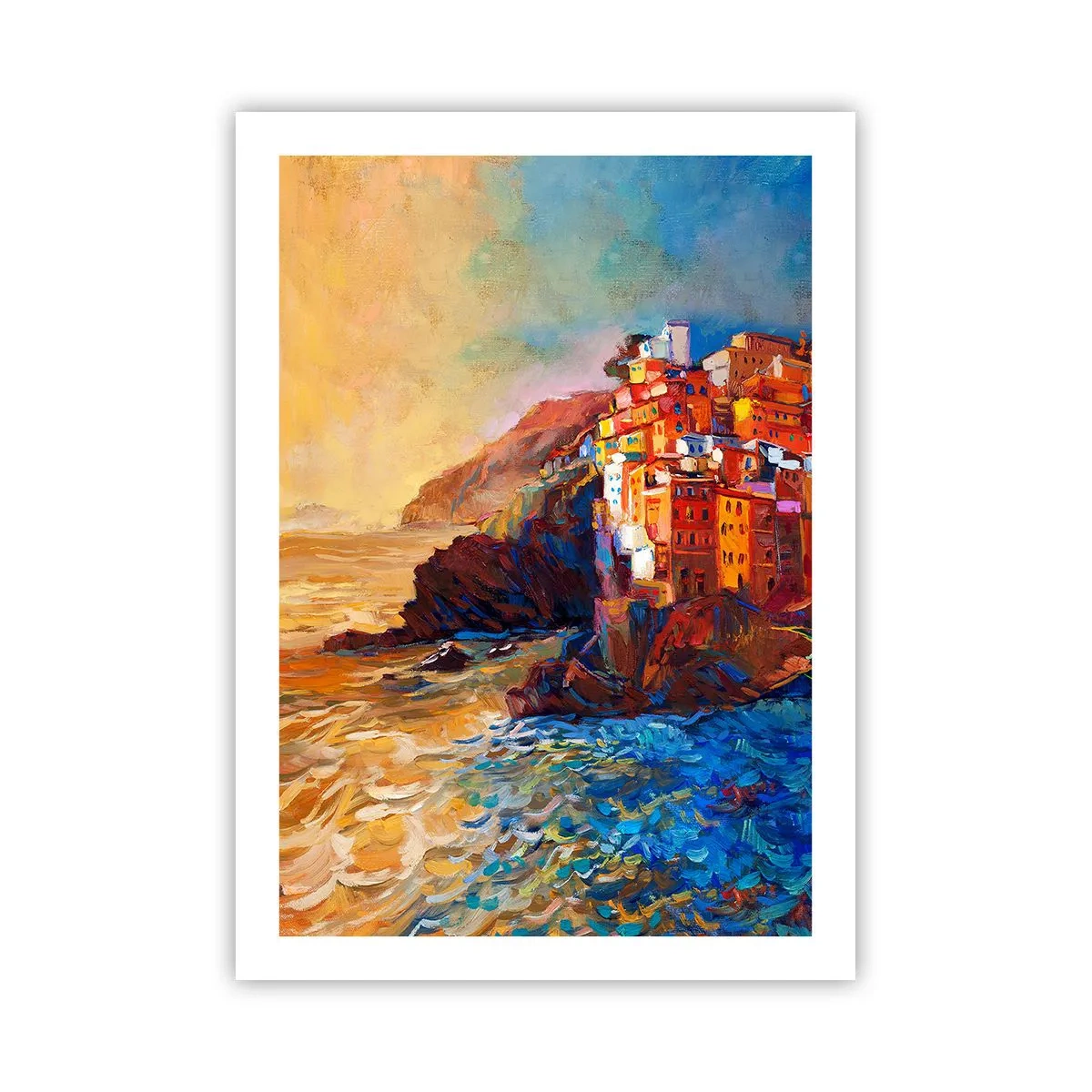 Poster - Farbenfrohe Gebäude mit Blick auf die Klippe und das Meer bei Sonnenuntergang - 50x70cm - Italienische Atmosphäre - Moderne Wanddekoration für Wohnzimmer und Schlafzimmer ARTTOR