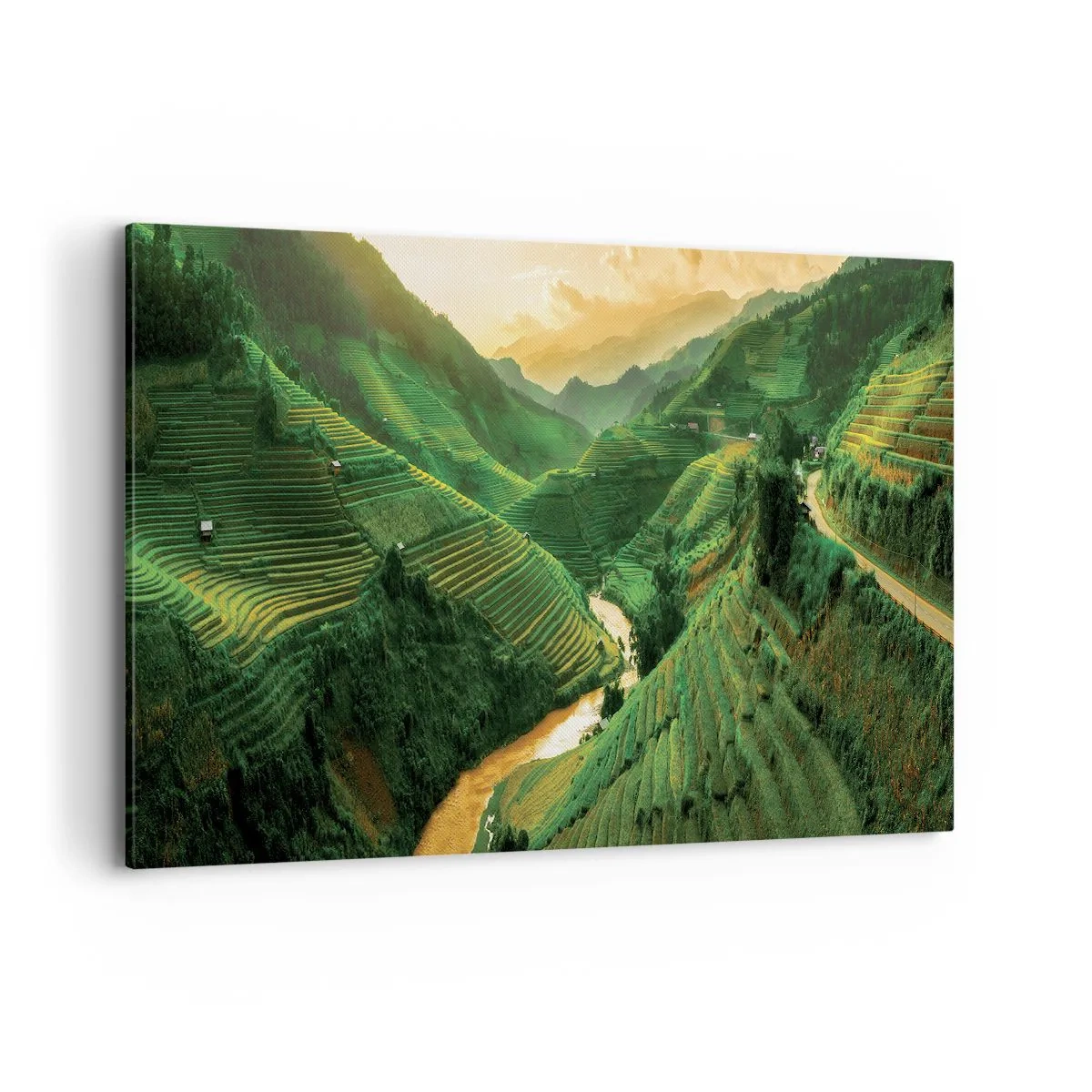 Bild auf Leinwand - Leinwandbild - Malerische Reisterrassen in einem grünen Tal, beleuchtet von der untergehenden Sonne - 120x80cm - Vietnamesisches Tal - Moderne Wanddekoration für Wohnzimmer und Schlafzimmer ARTTOR