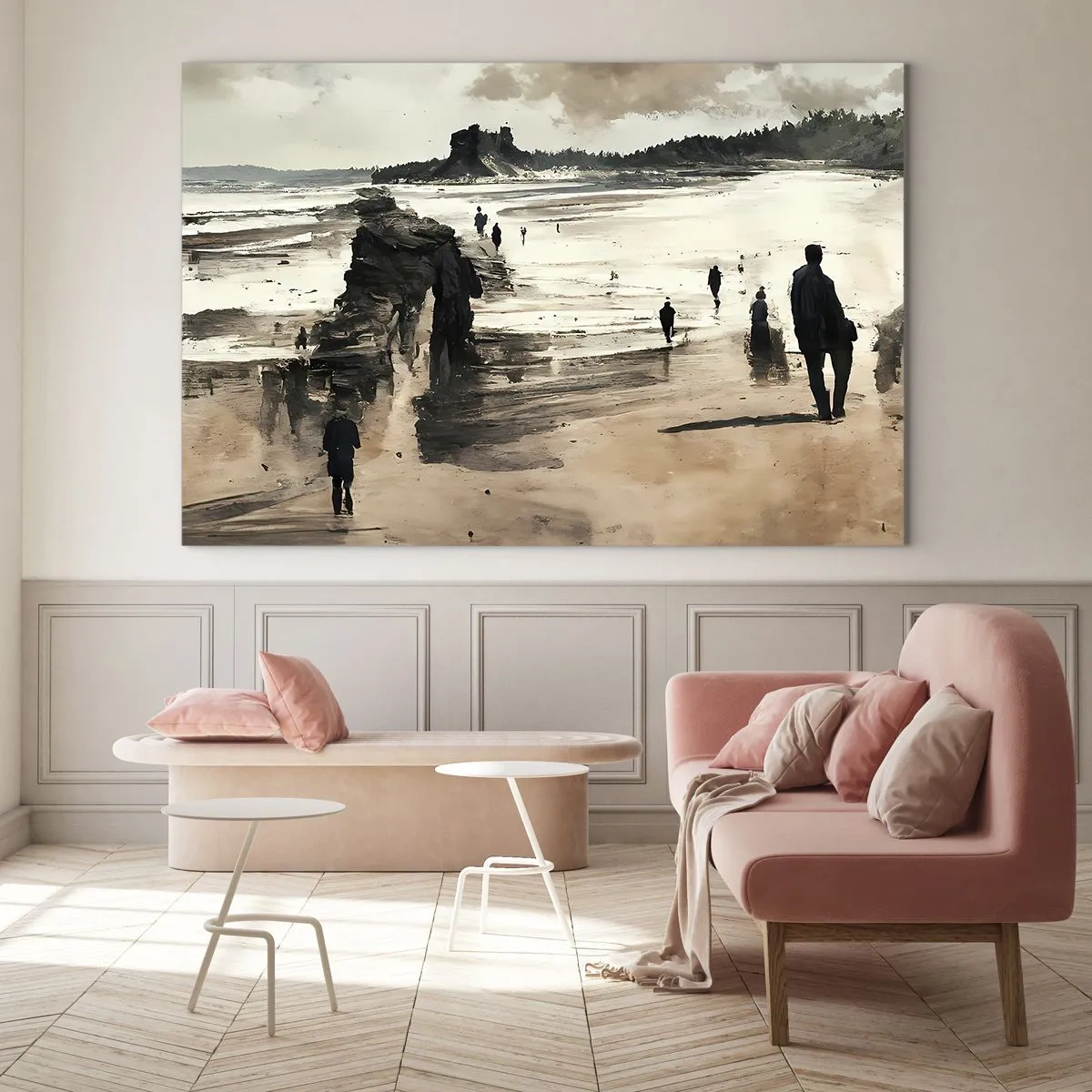 Glasbild - Bild auf glas - Silhouetten, die unter einem bewölkten Himmel an einem breiten Strand spazieren - 70x50cm - Einberufen - Moderne Wanddekoration für Wohnzimmer und Schlafzimmer ARTTOR