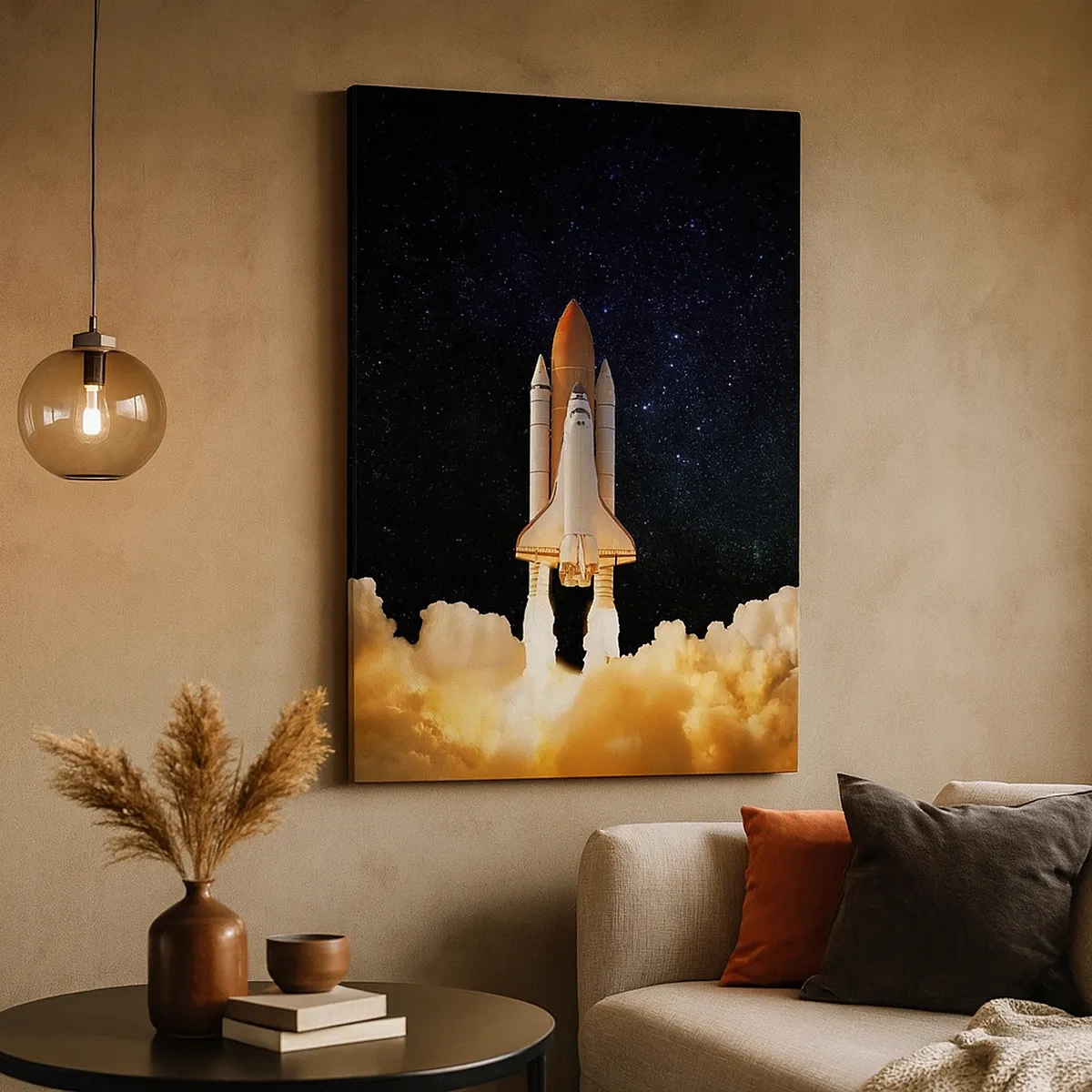 Bild auf Leinwand - Leinwandbild - Eine Weltraumrakete hebt vor dem Sternenhimmel ab - 50x70cm - Ad Astra! - Moderne Wanddekoration für Wohnzimmer und Schlafzimmer ARTTOR