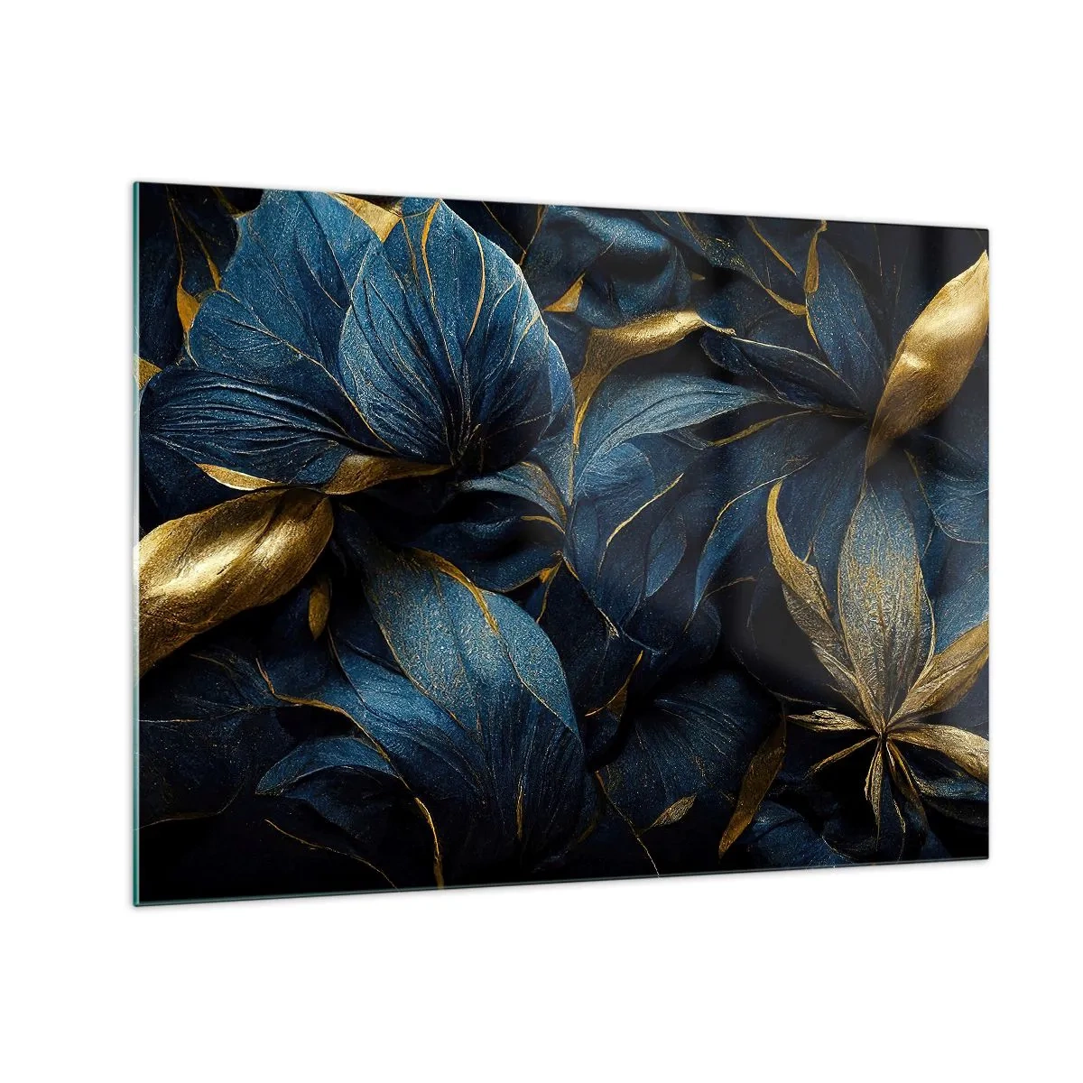 Glasbild - Bild auf glas - Dunkelblaue Blätter mit dezenten Goldakzenten - 70x50cm - Mit Gold gefüttert - Moderne Wanddekoration für Wohnzimmer und Schlafzimmer ARTTOR