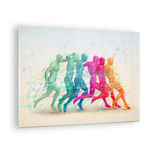 Glasbild - Bild auf glas - Eine farbenfrohe abstrakte Darstellung der Bewegung einer laufenden Figur - 70x50cm - Harmonie der Bewegung - Moderne Wanddekoration für Wohnzimmer und Schlafzimmer ARTTOR