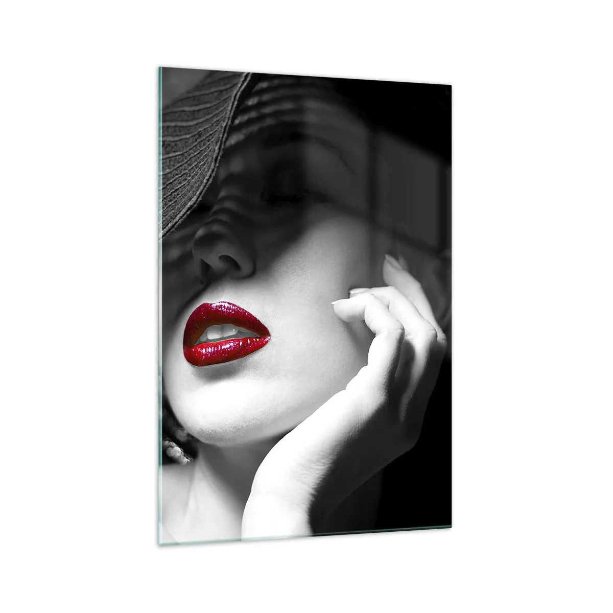 Glasbild - Bild auf glas - Schwarz-Weiß-Porträt einer Frau mit roten Lippen - 70x100cm - Eine Studie in Scharlachrot - Moderne Wanddekoration für Wohnzimmer und Schlafzimmer ARTTOR