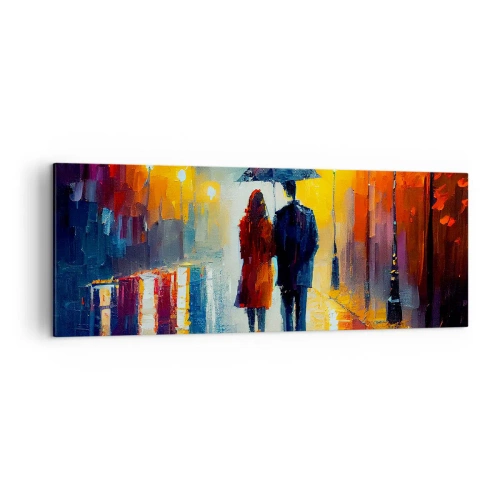Bild auf Leinwand - Leinwandbild - Ein Paar unter einem Regenschirm, das durch eine farbenfrohe Nachtstadt spaziert - 140x50cm - Gemeinsam – eine bunte Nacht - Moderne Wanddekoration für Wohnzimmer und Schlafzimmer ARTTOR