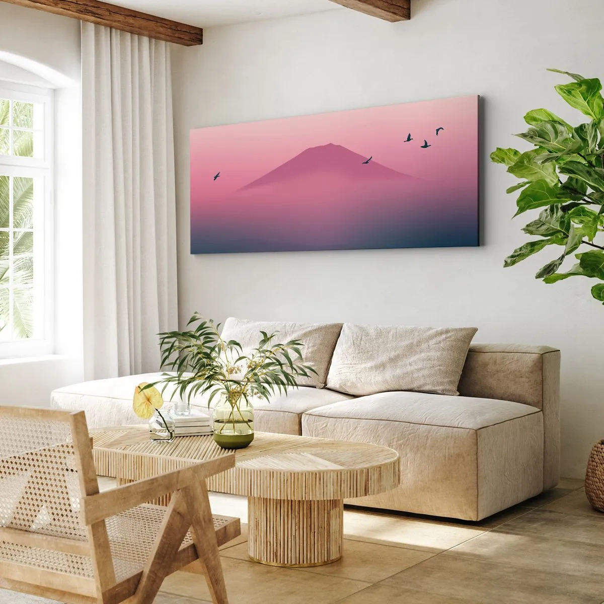 Bild auf Leinwand - Leinwandbild - Eine minimalistische Landschaft mit einem Berg und Vögeln bei Sonnenaufgang - 160x50cm - Wanderer über den Wolken - Moderne Wanddekoration für Wohnzimmer und Schlafzimmer ARTTOR