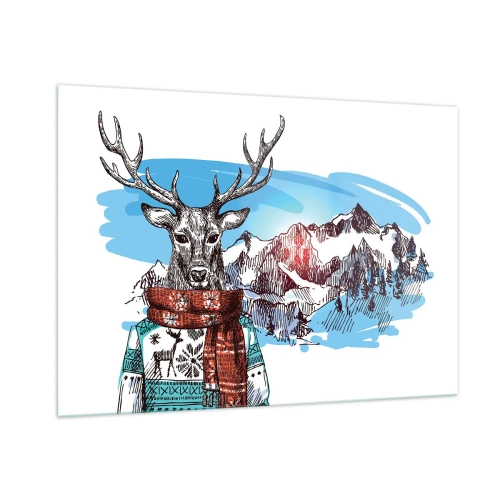 Glasbild - Bild auf glas - Ein Hirsch in Pullover und Schal vor einer Berglandschaft - 100x70cm - Auch ein Reh friert nicht - Moderne Wanddekoration für Wohnzimmer und Schlafzimmer ARTTOR