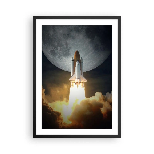 Poster in einem schwarzem Rahmen - Space Shuttle-Start mit dem Mond im Hintergrund - 50x70cm - Beginn eines überirdischen Abenteuers - Moderne Wanddekoration für Wohnzimmer und Schlafzimmer ARTTOR