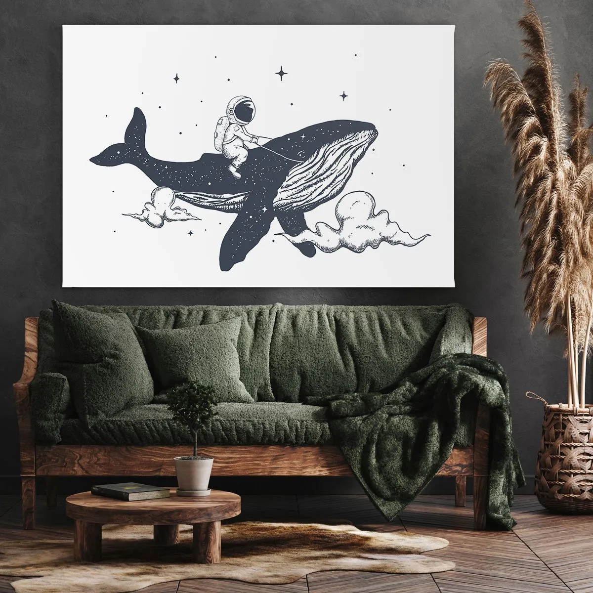 Bild auf Leinwand - Leinwandbild - Astronaut auf einem im Weltraum schwebenden Wal - 70x50cm - Weltraumabenteuer - Moderne Wanddekoration für Wohnzimmer und Schlafzimmer ARTTOR