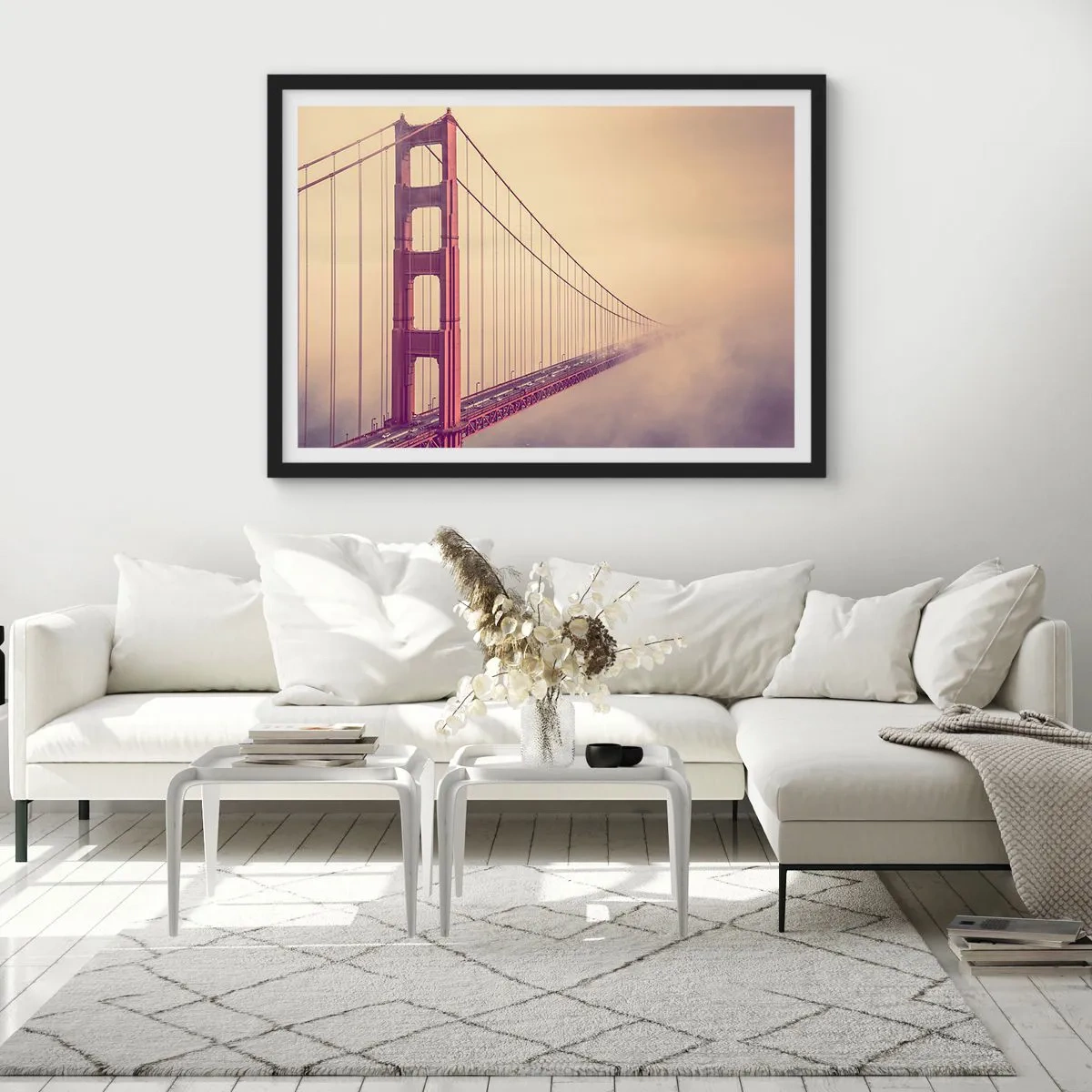 Poster in einem schwarzem Rahmen - Eine Brücke im Nebel in Pastelltönen, ein Symbol für Eleganz und Frieden - 70x50cm - Zwischen Himmel und Erde - Moderne Wanddekoration für Wohnzimmer und Schlafzimmer ARTTOR