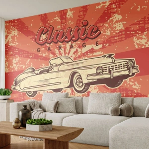 Fototapete Premium Sand - Retro-Poster mit einem Oldtimer und der Aufschrift „Classic Garage“ - 100x70cm - Und im Radio, Elvis - Moderne Wanddekoration für Wohnzimmer und Schlafzimmer ARTTOR
