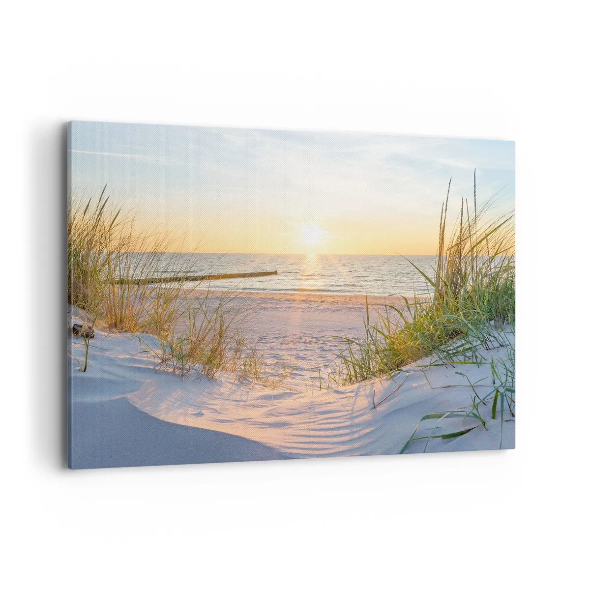 Bild auf Leinwand - Leinwandbild - Ein Sandstrand mit Blick auf den Sonnenuntergang über dem Meer - 100x70cm - Das Rauschen des Meeres, der Gesang der Vögel, ein wilder Strand im Gras ... - Moderne Wanddekoration für Wohnzimmer und Schlafzimmer ARTTOR