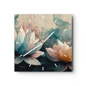 Wanduhr - Glasuhr - Dezente Seerosen in Pastelltönen von Blau und Gold - 30x30cm - Seesterne - Moderne Wanddekoration für Wohnzimmer und Schlafzimmer ARTTOR